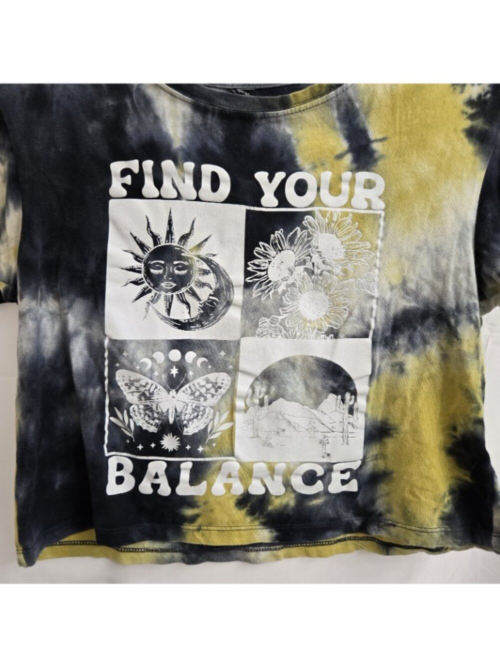 Sweet Lilac Black & Yellow Tie Dye Boho Y2K Moon Floral Crop Top Size Small - Picture 2 of 5